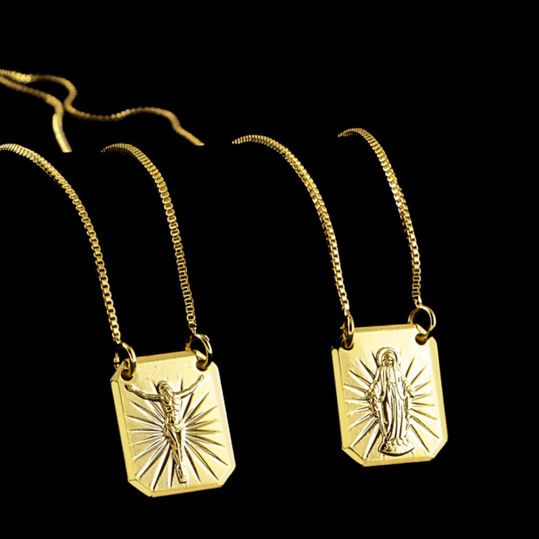 Escapulário Veneziano Curto Jesus Cristo e Nossa Senhora 70cm Banhado A Ouro 18k